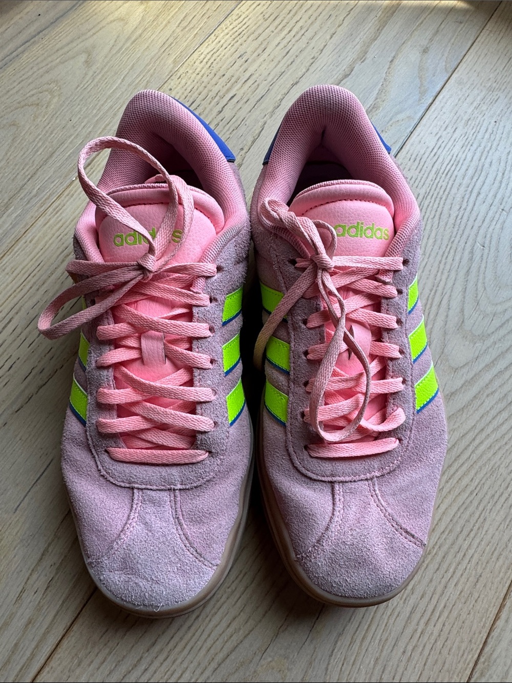 adidas Pink Suede Sneakers with Neon Yellow Stripes